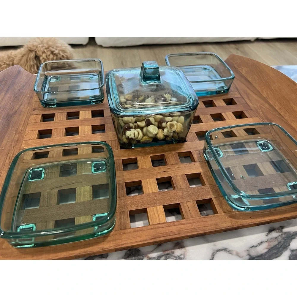 Dansk JHQ Quistgaard Teak Wood Lattice Trivet Tray Green Glass Serving Set MCM